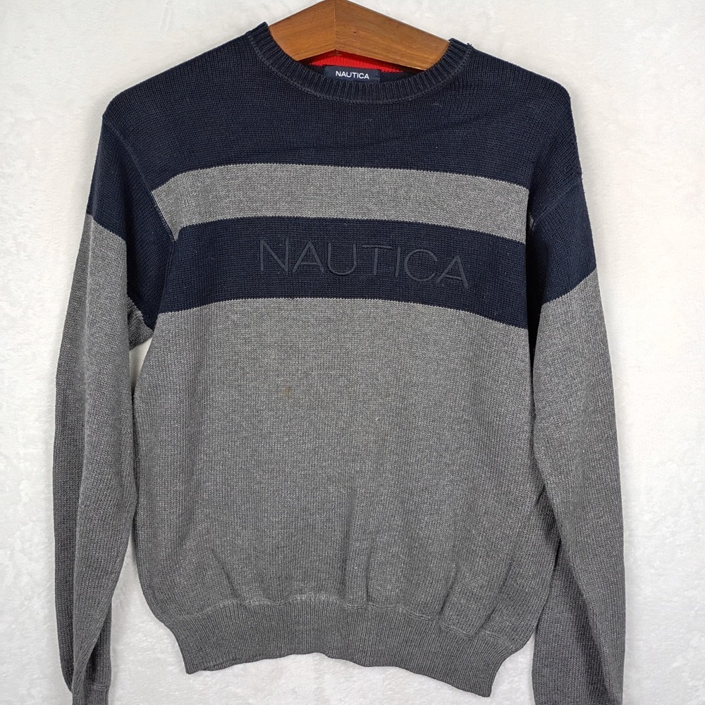 Nautica Mens Striped Crewneck Sweater Navy Blue Grey Cotton Knit Pullover S